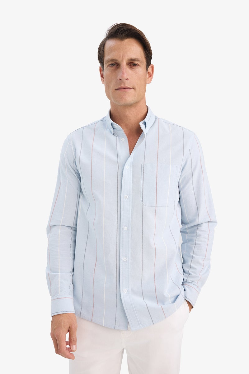 DeFacto Blue Man Regular Fit Polo Shirt Striped Cotton Long Sleeve Shirt Casual - Image 3